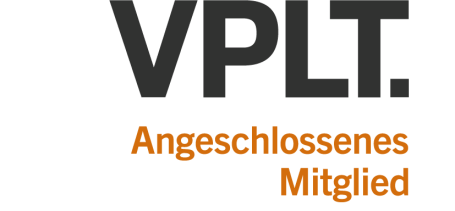 Logo des VPLT mit dem Text "Angeschlossenes Mitglied" in orange.